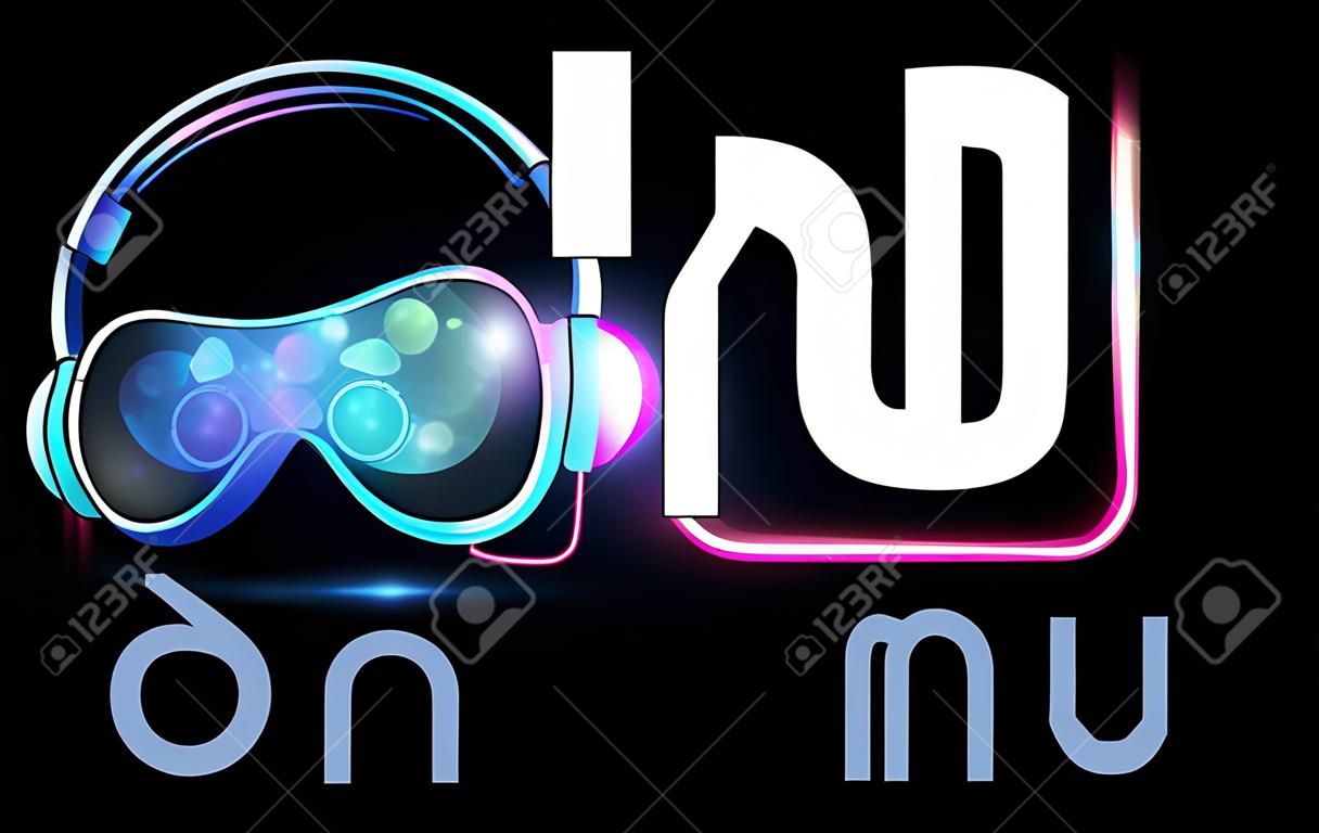 Dj-Logo-Design. Kreatives Vektor-Logo-Design mit Kopfhörern und DJ mit Brille. Musik-Logo-Vorlage. Schwarzer Hintergrund. Mp3-Zeichen.