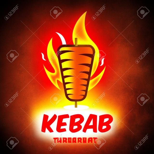 Doner kebab creativo con elemento de llama. Emblema Shawarma. Restaurante de comida rápida turca, cafetería barbacoa o bar parrilla símbolo de brocheta o asador giratorio con carne a la parrilla.