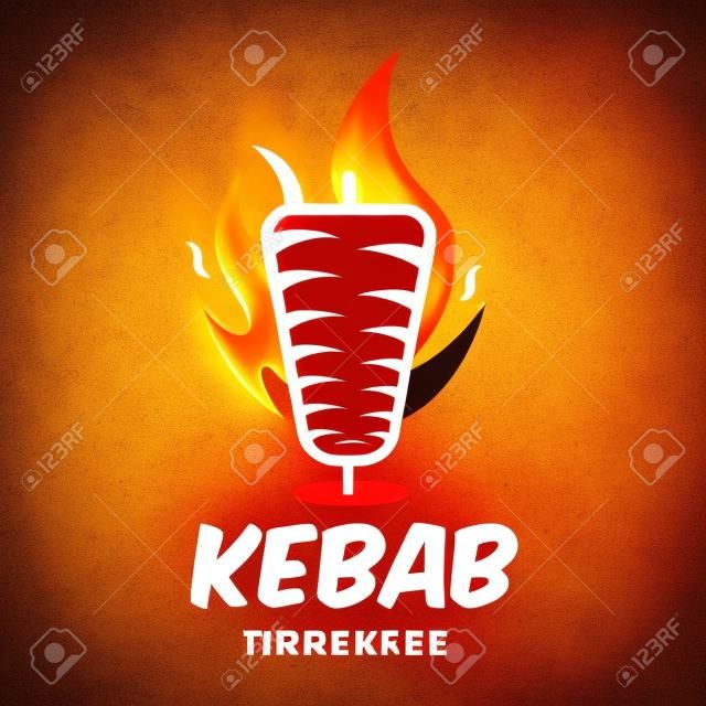 Kreativer Döner mit Flammenelement. Shawarma-Emblem. Türkisches Fast-Food-Restaurant, Grillcafé oder Grillbar Symbol für Spieß oder Drehspieß mit gegrilltem Fleisch.