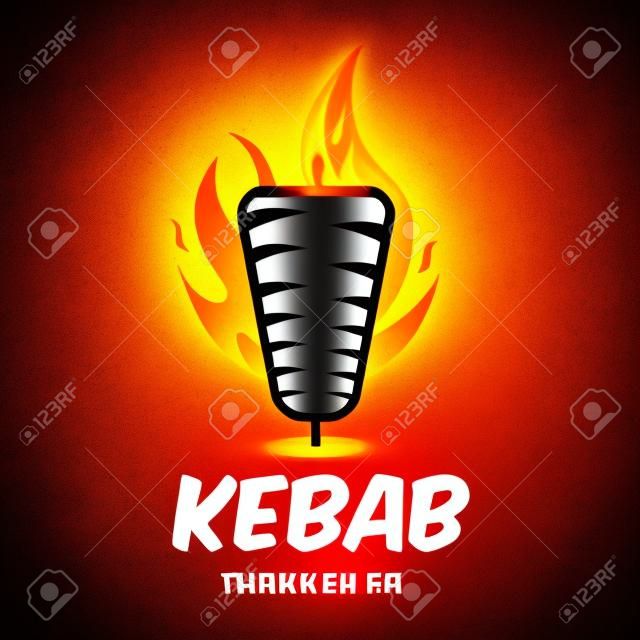 Doner kebab creativo con elemento de llama. Emblema Shawarma. Restaurante de comida rápida turca, cafetería barbacoa o bar parrilla símbolo de brocheta o asador giratorio con carne a la parrilla.