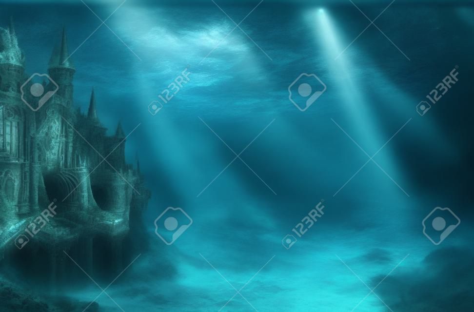Castelo velho da ruína sob o mar. Conceito do tema de Atlantis.