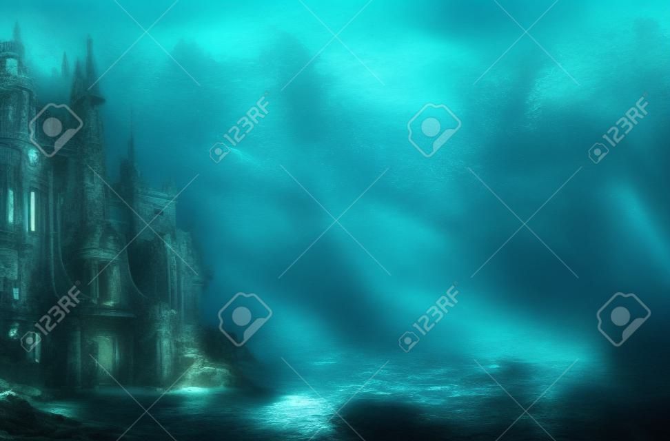 Castelo velho da ruína sob o mar. Conceito do tema de Atlantis.