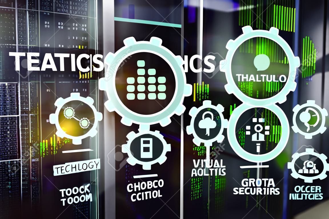 Technology Analytics concept on virtual screen. Big data with graph icons on a digital screen interface and a server room background