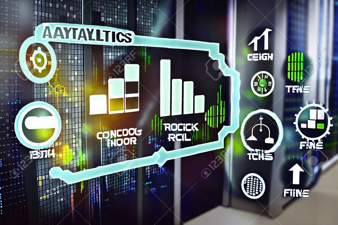 Technology Analytics concept on virtual screen. Big data with graph icons on a digital screen interface and a server room background