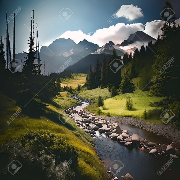 Landschaft eines Nationalparks mit Bach und Bergen, erstellt mit generativer KI-Technologie. Nationalpark, Landschaft und Schönheit im Naturkonzept, digital generiertes Bild.