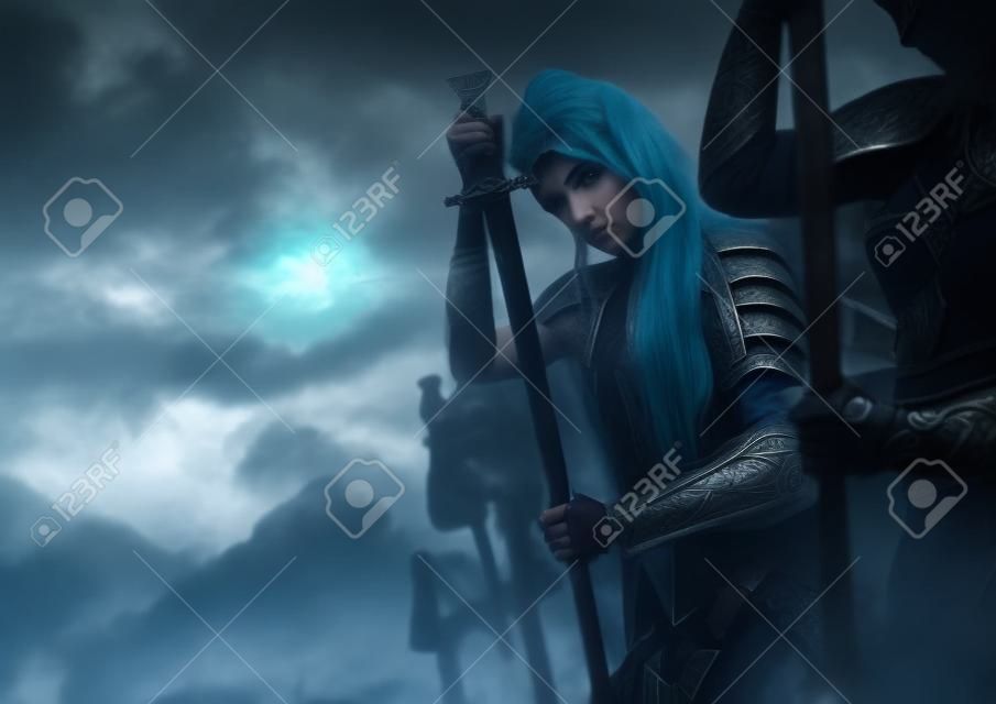 Schöne weibliche Krieger Elf mit Schwert über bewölktem Himmel