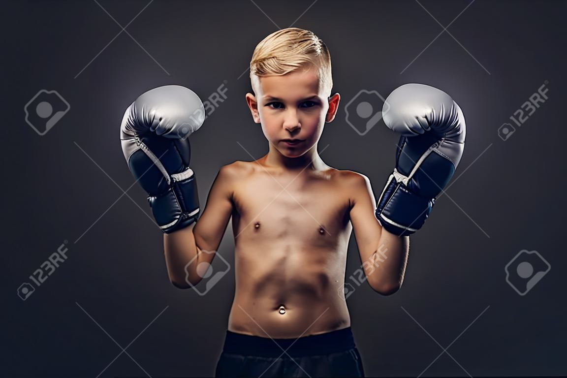 スタジオでポーズをとるボクシンググローブを持つ若いシャツを着ていない少年ボクサー。