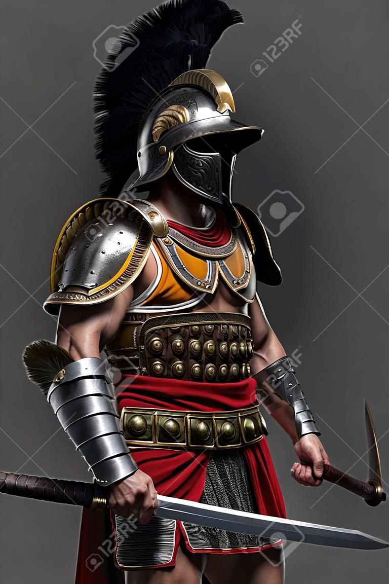 Combative roman gladiator with plumed helmet and two swords