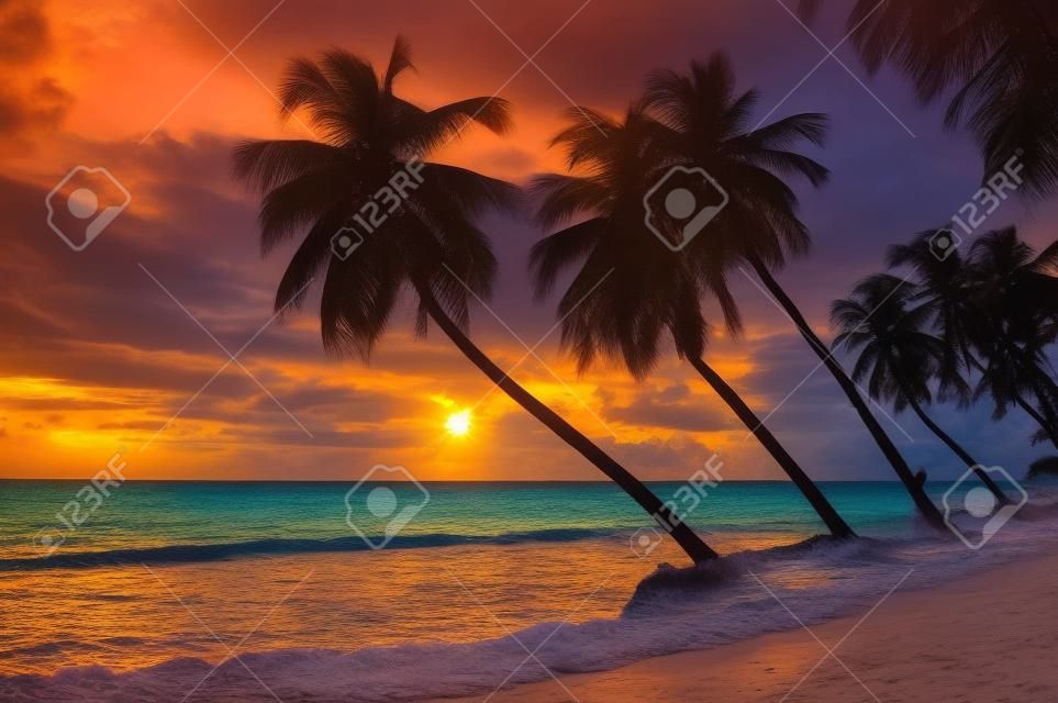 Belo pôr do sol sobre o mar com vista para palmeiras na praia branca em uma ilha caribenha de Barbados