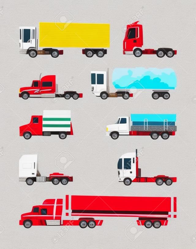 Camiones y remolques coloridos sobre un fondo blanco.