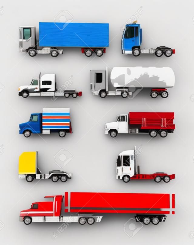 Bunte Trucks und Anhänger auf weißem Hintergrund