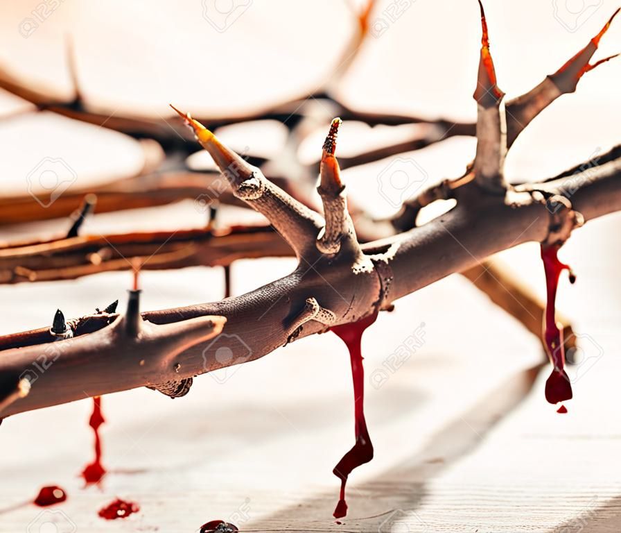 Crown of thorns with blood dripping. Christian concept of suffering.
