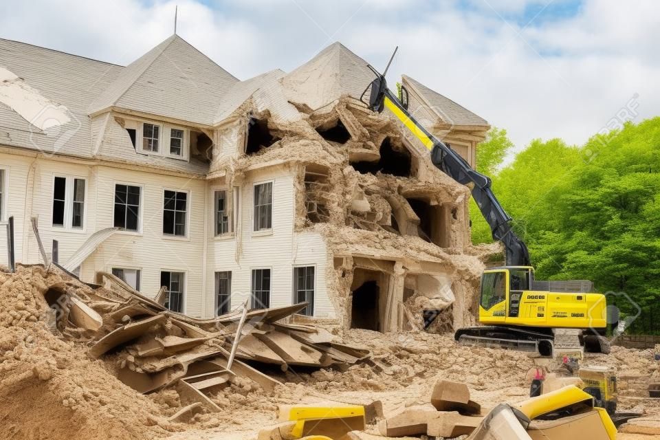 Il grande escavatore giallo rompe la vecchia casa all'estate