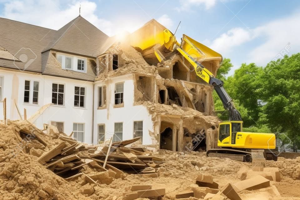 Big yellow excavator breaks down old house at summer