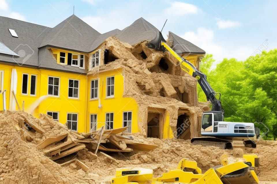 Big yellow excavator breaks down old house at summer