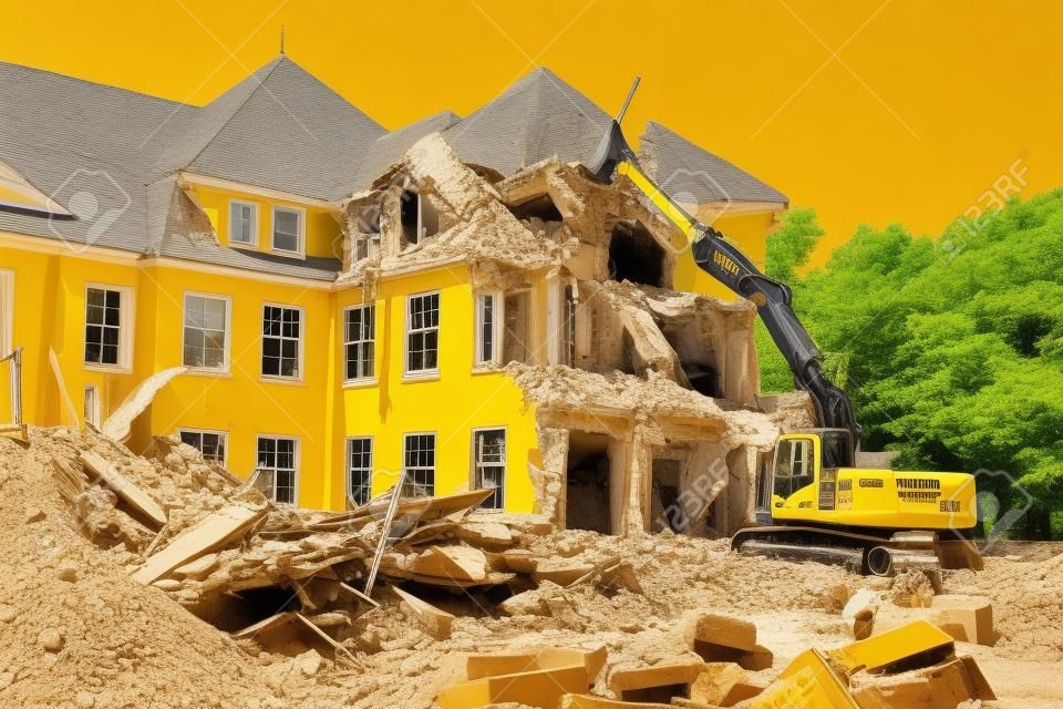 Großer gelber Bagger zerstört im Sommer altes Haus