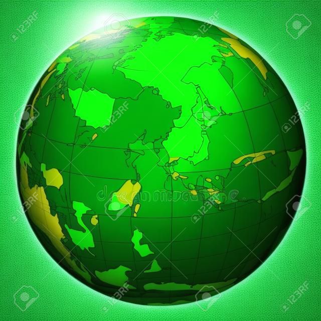 Globe centered to South Korea. Country highlighted with green color on world map. Satellite projection view. Vector illustration.