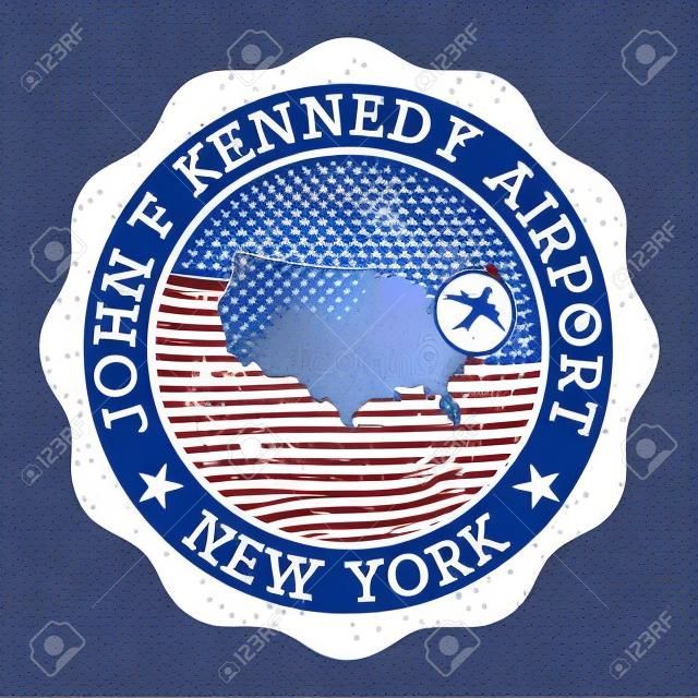 John F Kennedy Airport New York stamp. Airport of New York round logo with location on United States map marked by airplane. Vector illustration.