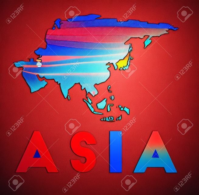 Mappa dell'Asia. Mappa del continente con bellissime onde geometriche nei colori rosso blu. Vivida forma asiatica. Illustrazione vettoriale.