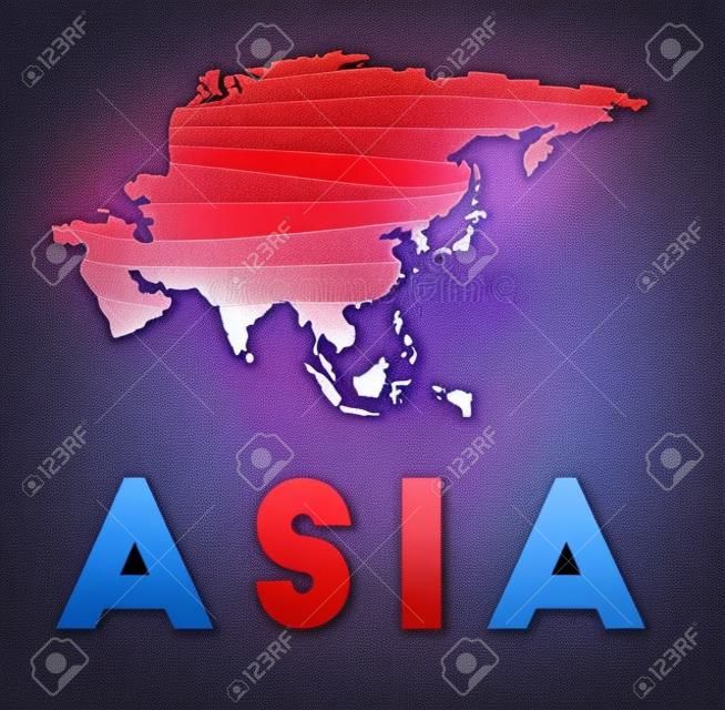 Mappa dell'Asia. Mappa del continente con bellissime onde geometriche nei colori rosso blu. Vivida forma asiatica. Illustrazione vettoriale.