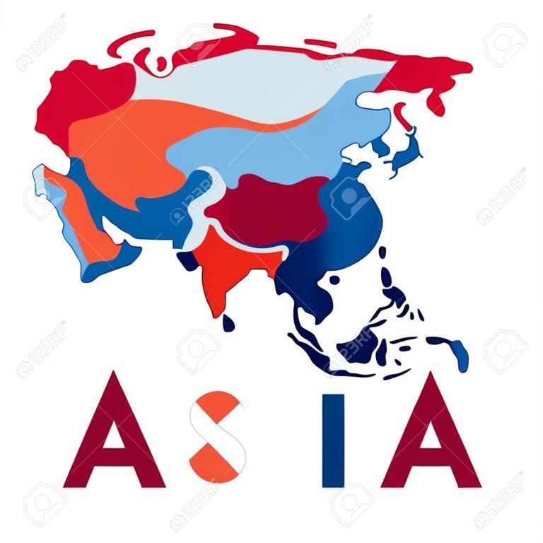 Carte de l'Asie. Carte du continent avec de belles vagues géométriques aux couleurs bleu rouge. Forme asiatique vive. Illustration vectorielle.