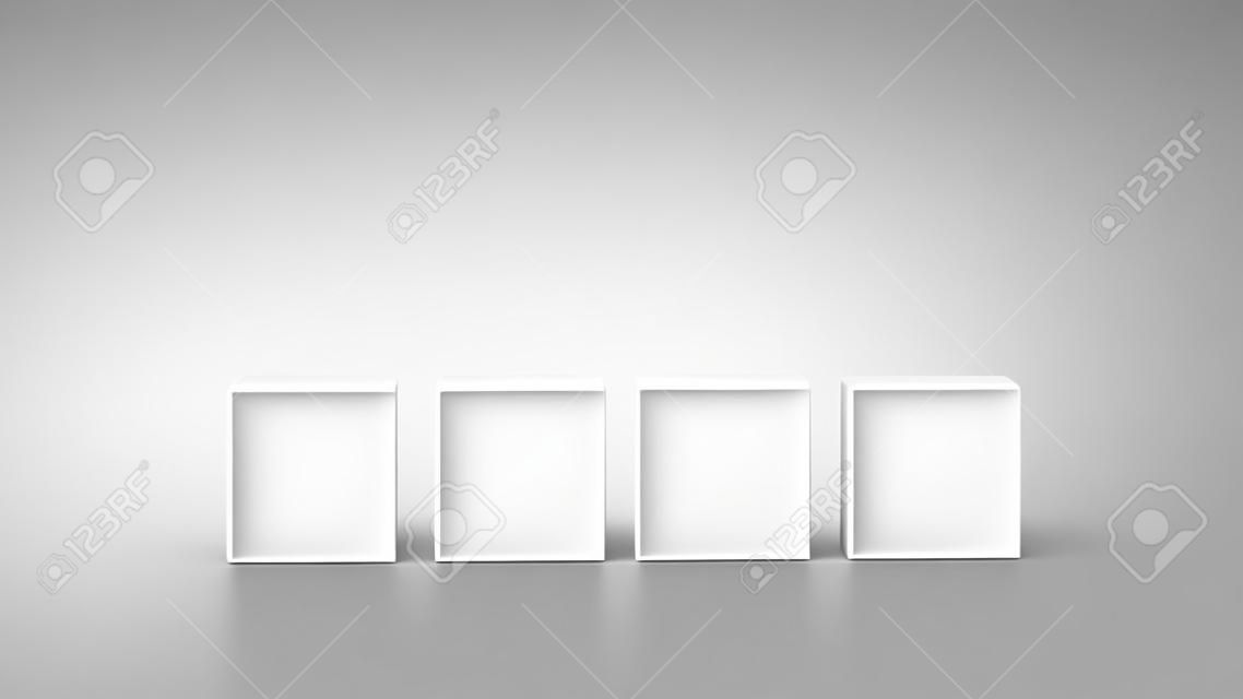 Four blank wooden cubes or building blocks lined up in a row on a reflective white surface with copyspace for your text, letters or numbers.