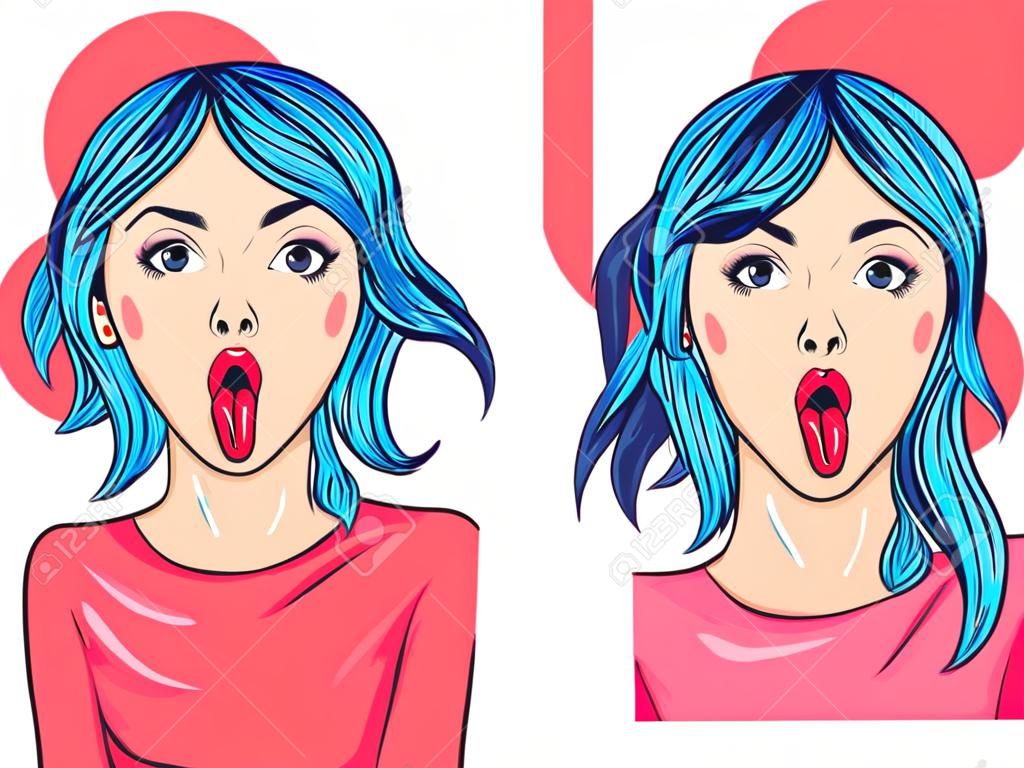 Das Mädchen stecken die Zunge heraus. Neckt. Pop-Art-Illustration. Vektor. Portrait einer Frau, die auf einem weißen Hintergrund
