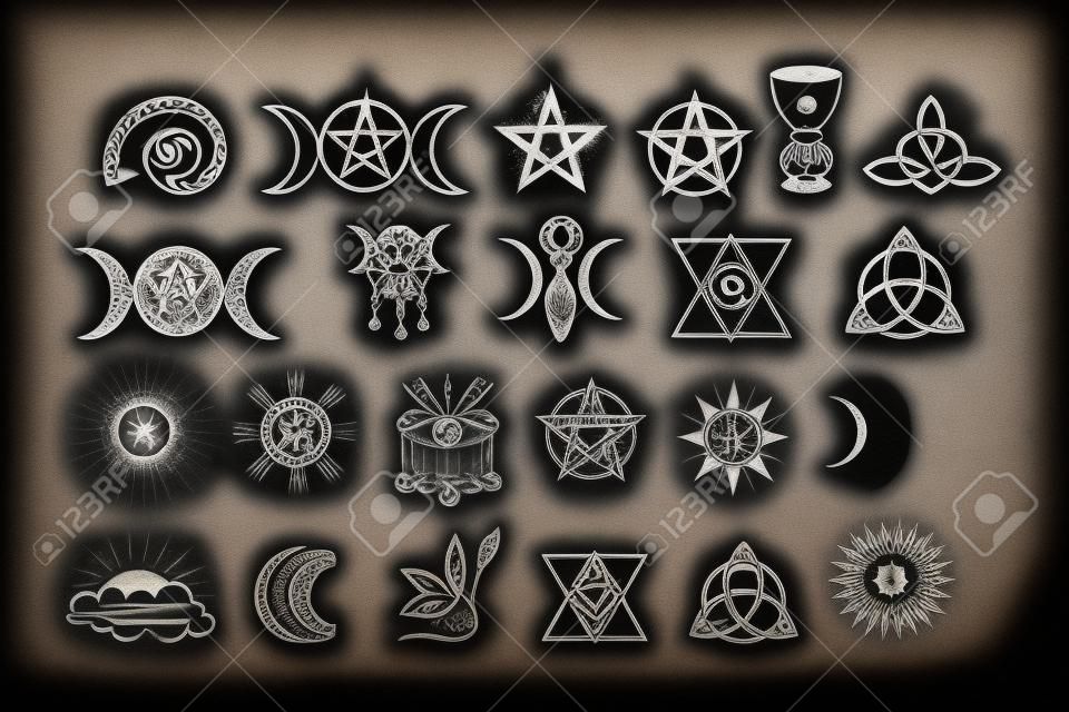 A set of esoteric elements.Tattoo alchemy and spiritual, witchcraft magician and occult.