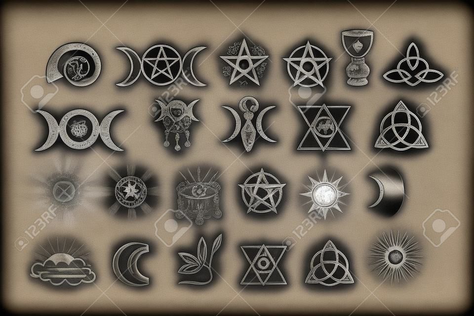 Een set van esoterische elementen.Tatoo alchemie en spirituele, hekserij goochelaar en occulte.