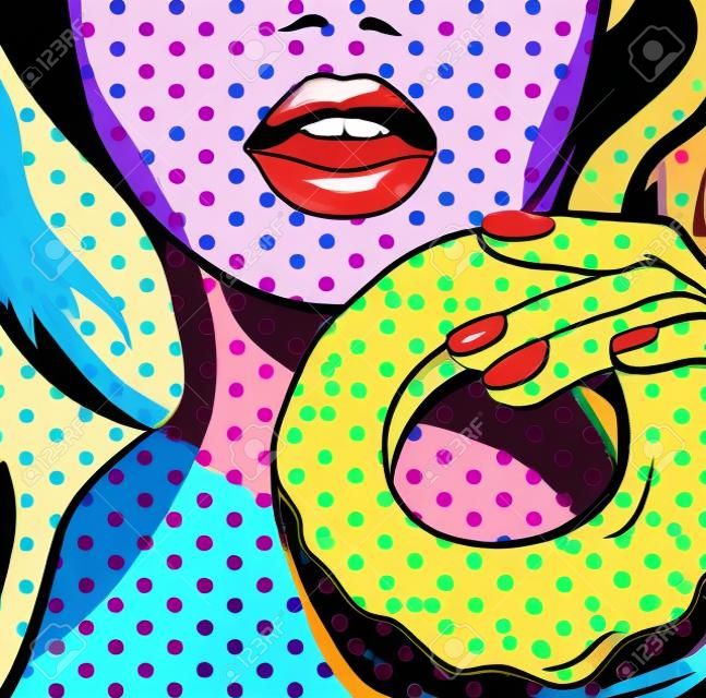 Pop art woman with a donut