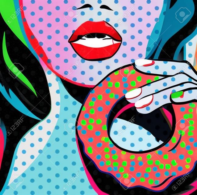 Pop art woman with a donut