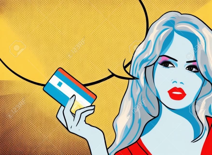 Pop art stílusban nő, beszédbuborékkal és hitelkártyával