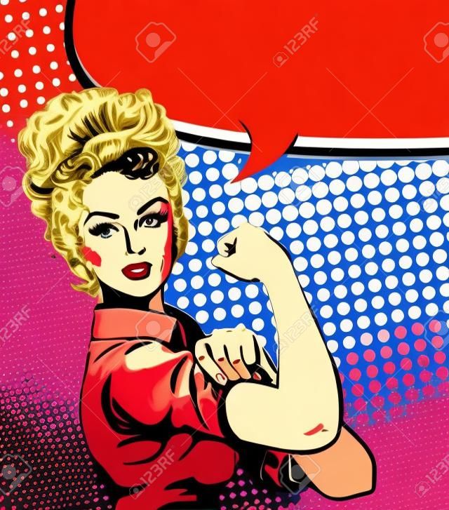 Iconic woman's fist symbol of female power and industry in pop art style