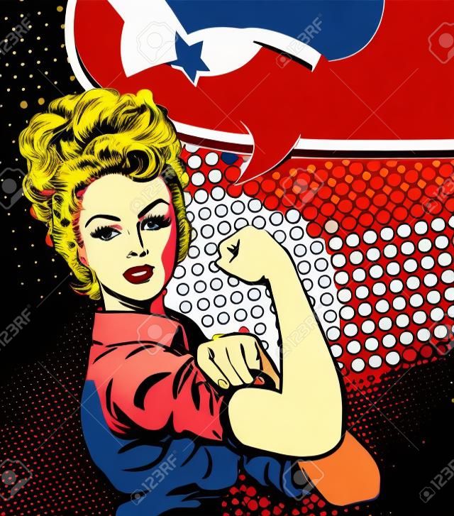 Iconic woman's fist symbol of female power and industry in pop art style
