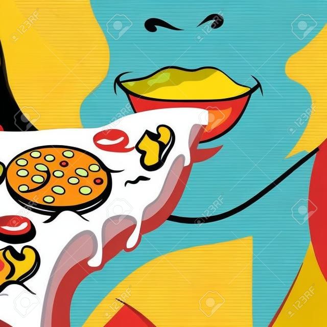 Pop art woman eating a slice of pizza illustration.