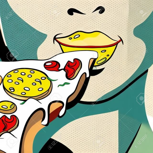Pop art woman eating a slice of pizza illustration.