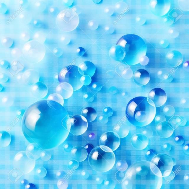 Şeffaf Renkli Sabun Bubbles Seti. Küre top, mavi su ve köpük, su yıkayın. Su Şeffaf Arka Plan Desen Bubbles.