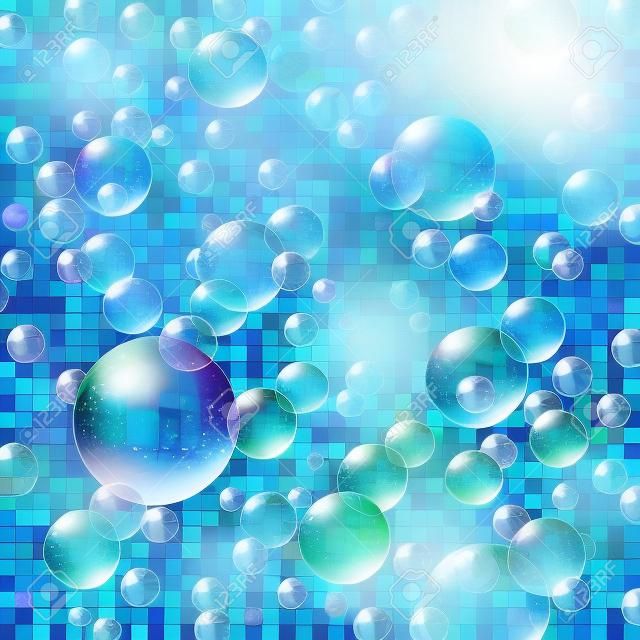 Transparent Multicolored Soap Bubbles Set. 
Sphere ball, blue water and foam, aqua wash. 
Water Bubbles Pattern on Transparent Background.