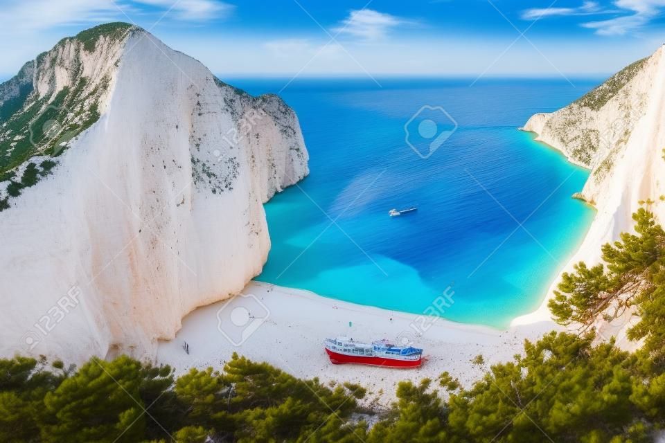 Пляж Навагио или бухта Кораблекрушений с бирюзовой водой и белоснежным галечным пляжем. Известная достопримечательность. верхний пейзаж острова Закинф, Греция