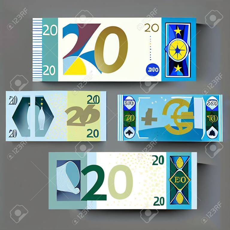 Conjunto de papel-moeda novo no estilo da União Europeia. Nota azul de 20 euros com vitrais e ponte