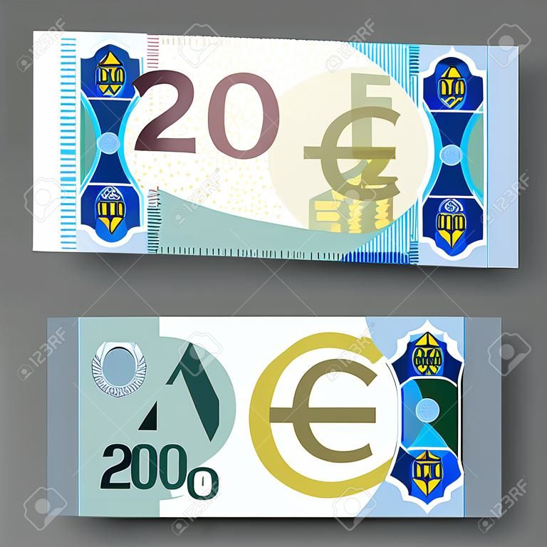 Conjunto de papel-moeda novo no estilo da União Europeia. Nota azul de 20 euros com vitrais e ponte