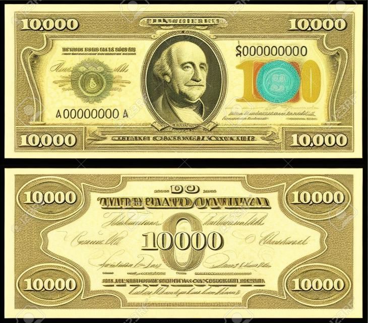 Fictionele omgekeerde en omgekeerde van een gouden certificaat met een nominale waarde van 10.000 dollar. US papier geld
