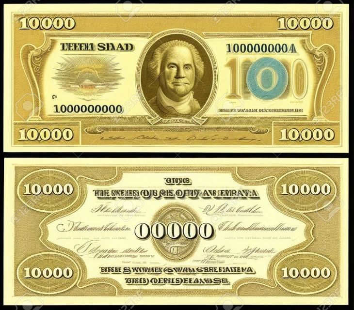 Fictionele omgekeerde en omgekeerde van een gouden certificaat met een nominale waarde van 10.000 dollar. US papier geld