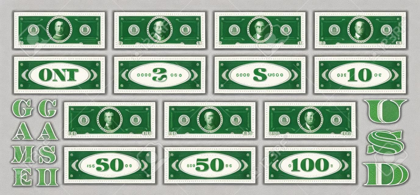 Set di banconote da gioco fittizie nello stile di dollari americani. Dritto grigio e rovescio verde delle banconote con tagli da uno, due, cinque, dieci, 20, 50 e 100. Rotondo vuoto al centro