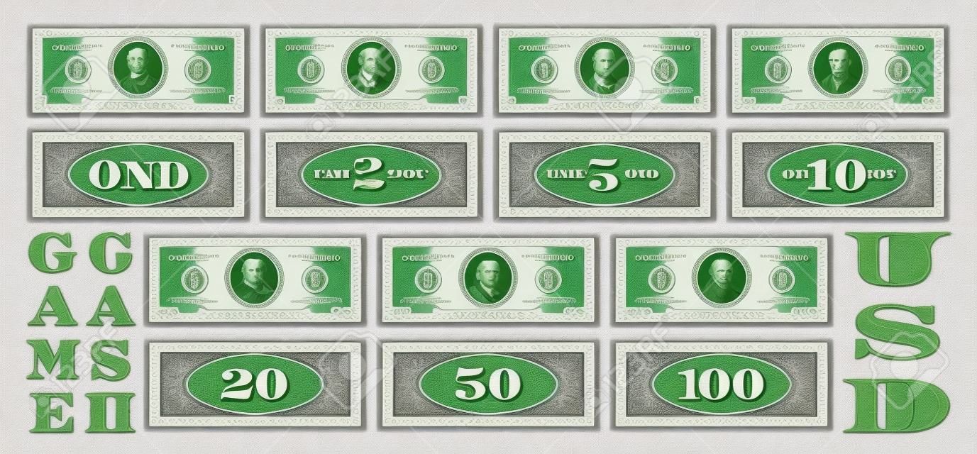 Set di banconote da gioco fittizie nello stile di dollari americani. Dritto grigio e rovescio verde delle banconote con tagli da uno, due, cinque, dieci, 20, 50 e 100. Rotondo vuoto al centro