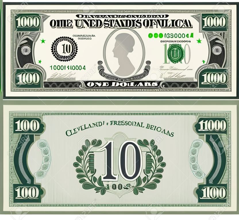 Banknot tysiąc dolarów. szary awers i zielony rewers fikcyjne amerykańskie pieniądze papierowe w stylu vintage amerykańskiej gotówki. rama z siatką giloszową i pieczęciami bankowymi. cleveland