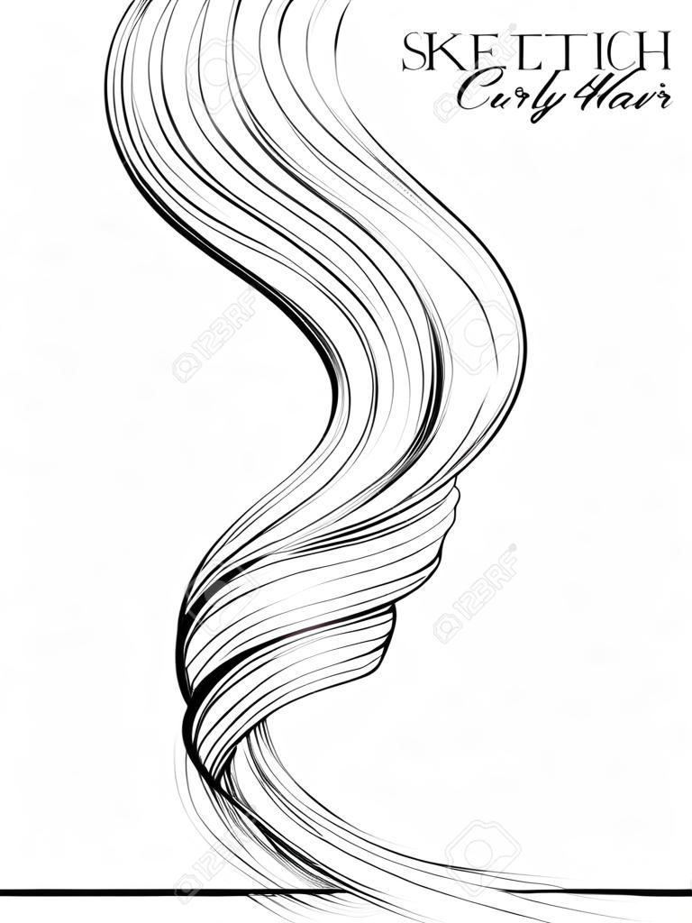 그래픽 여자의 아름 다운 곱슬 머리 스케치 벡터 템플릿입니다. 흰색 배경 위에 절연 머리카락