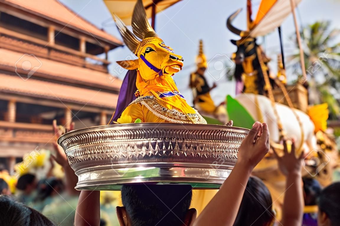 Royal cremation ceremony prepation. Balinese hindus religion procession. Bade and Lembu Black Bull symbol of transportation for the spirit to the heaven