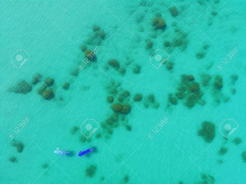 푸른 바다 바다와 산호 배경 공중 평면도에서 커플 스노클링