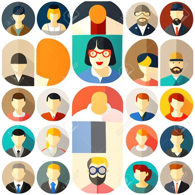 Flat round avatar icons, faces, people icons
